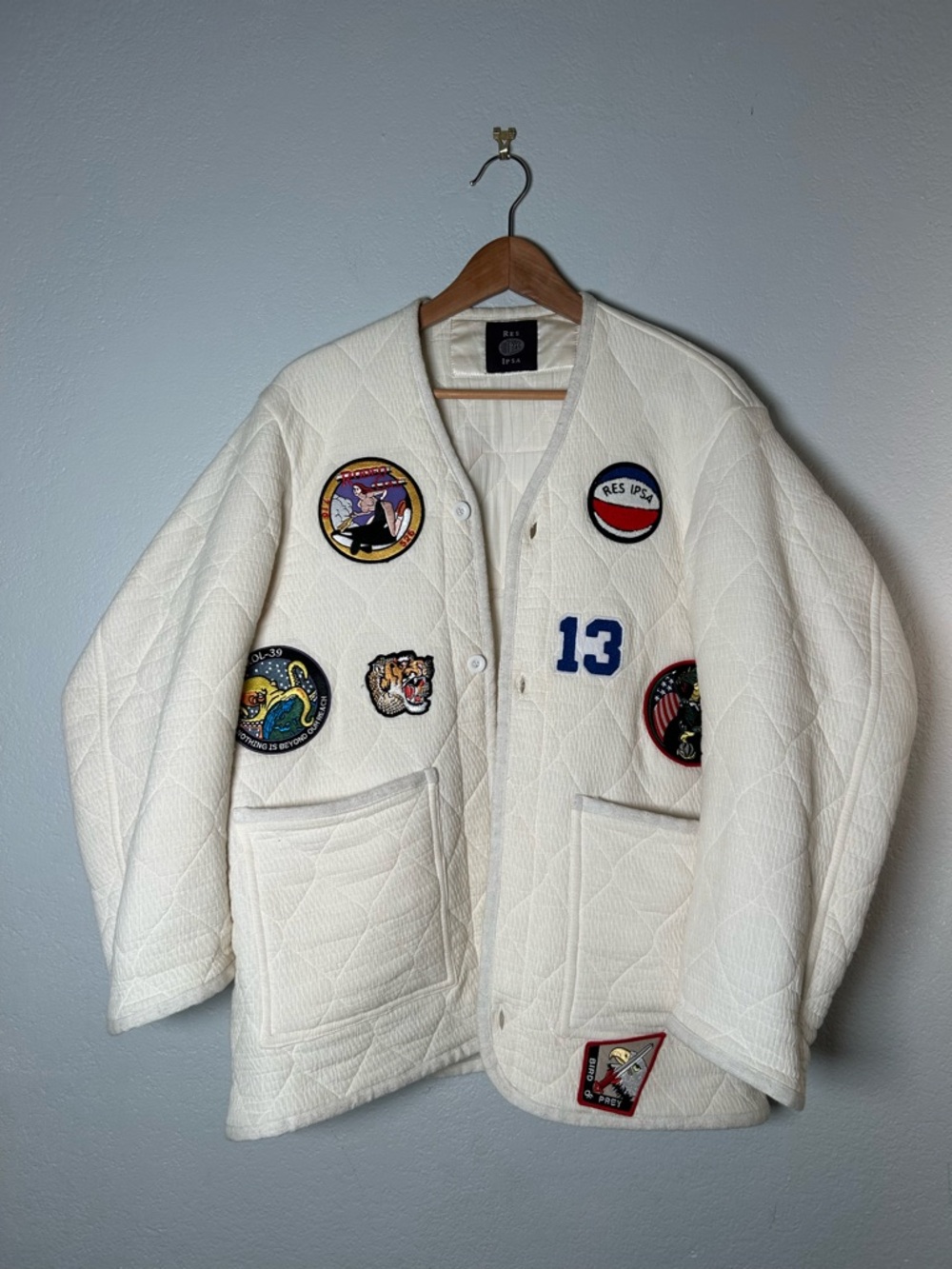 One of a kind Quilted Military  “Black Budget” Patch  Jacket in Cream no size